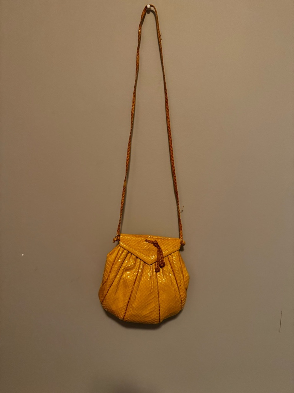 Judith Leiber Mustard Yellow Python-Texture Drawstring Crossbody - Picture 4 of 4
